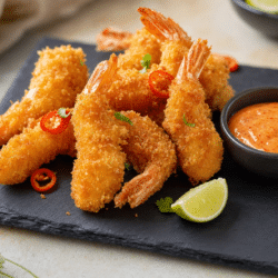 Studentermenuen og her er det panko stegte rejer med chilli fra hotel postgaarden i mariager